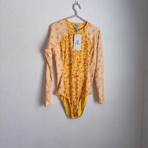 Billabong LS Tropic Body Suit Large Yellow Long Sleeve Floral Half-Zip Surf Suit